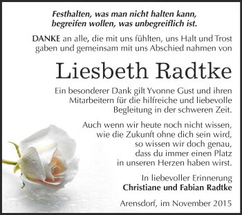 Traueranzeige von Liesbeth Radtke von WVG - Wochenspiegel Dessau / Köthen