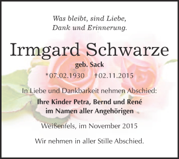 Traueranzeige von Irmgard Schwarze von WVG - Wochenspiegel NMB / WSF / ZTZ