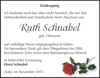 Traueranzeige von Ruth Schnabel von Super Sonntag Zeitz