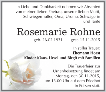 Traueranzeige von Rosemarie Rohne von Mitteldeutsche Zeitung Halle/Saalkreis