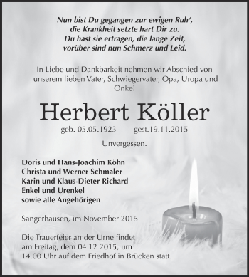 Traueranzeige von Herbert Köller von Super Sonntag SGH Mansf. Land