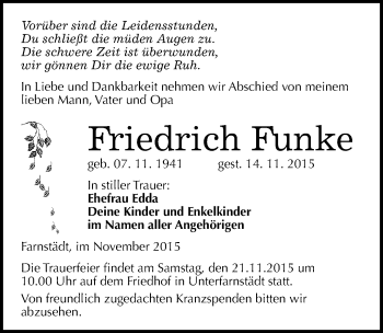 Traueranzeige von Friedrich Funke von Mitteldeutsche Zeitung Merseburg/Querfurt