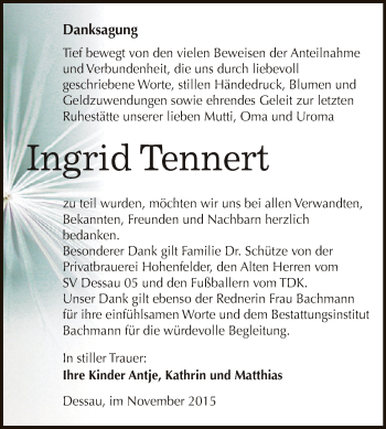 Traueranzeige von Ingrid Tennert von Super Sonntag Dessau / Köthen