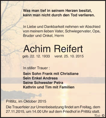 Traueranzeige von Achim Reifert von WVG - Wochenspiegel NMB / WSF / ZTZ