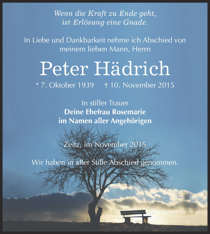  Traueranzeige für Peter Hädrich vom 14.11.2015 aus Super Sonntag Zeitz