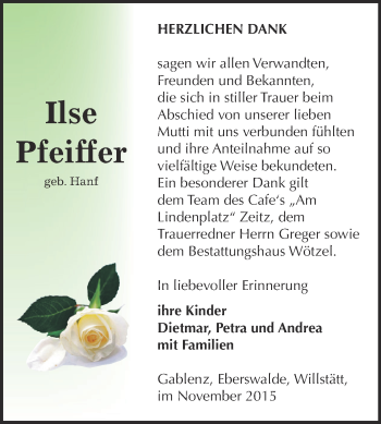 Traueranzeige von Ilse Pfeiffer von Super Sonntag Zeitz