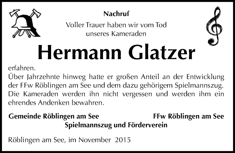  Traueranzeige für Hermann Glatzer vom 19.11.2015 aus Mitteldeutsche Zeitung Mansfelder Land