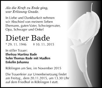 Traueranzeige von Dieter Bade von Mitteldeutsche Zeitung Mansfelder Land