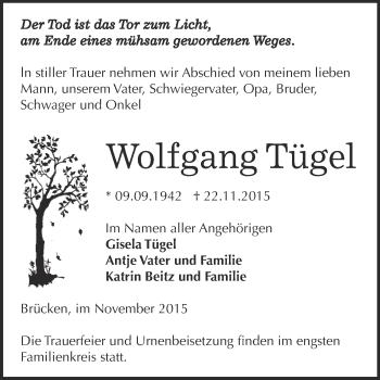 Traueranzeige von Wolfgang Tügel von Super Sonntag SGH Mansf. Land