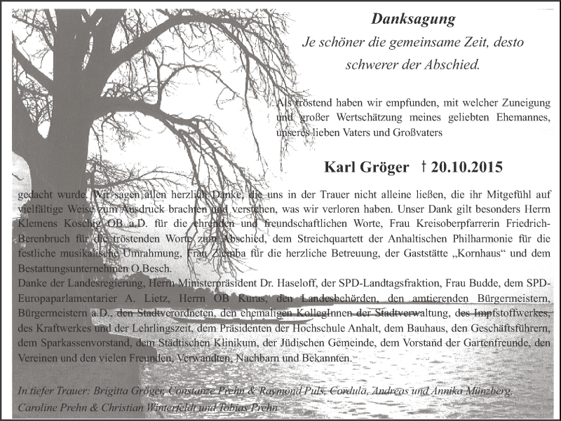  Traueranzeige für Karl Gröger vom 14.11.2015 aus WVG - Wochenspiegel Dessau / Köthen