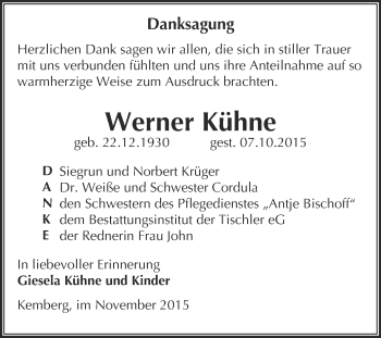 Traueranzeige von Werner Kühne von Super Sonntag Wittenberg