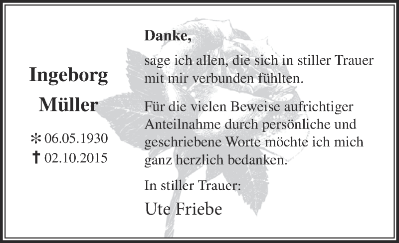  Traueranzeige für Ingeborg Müler vom 21.11.2015 aus WVG - Wochenspiegel Dessau / Köthen