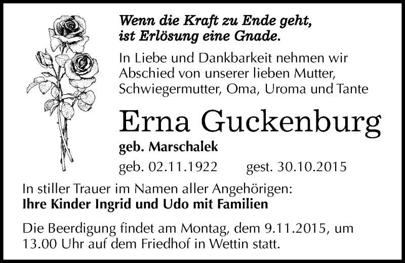  Traueranzeige für Erna Guckenburg vom 03.11.2015 aus Mitteldeutsche Zeitung Halle/Saalkreis