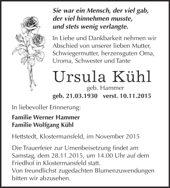 Traueranzeige von Ursula Kühl von Wochenspiegel Mansfelder Land