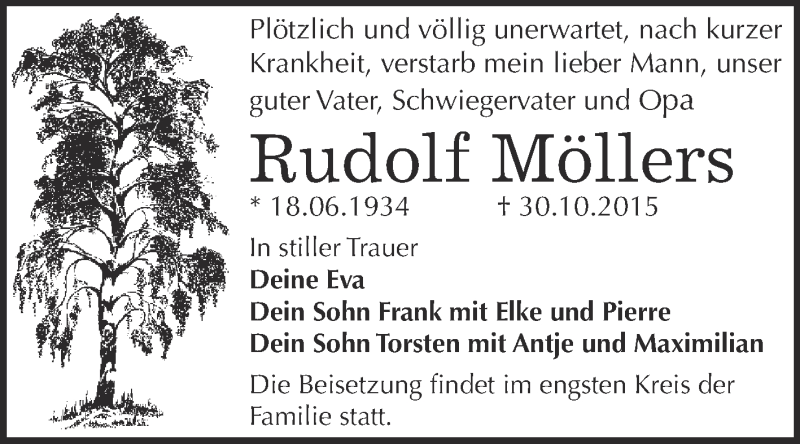  Traueranzeige für Rudolf Möllers vom 14.11.2015 aus WVG - Wochenspiegel Dessau / Köthen