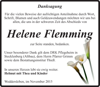 Traueranzeige von Helene Flemming von Mitteldeutsche Zeitung Quedlinburg