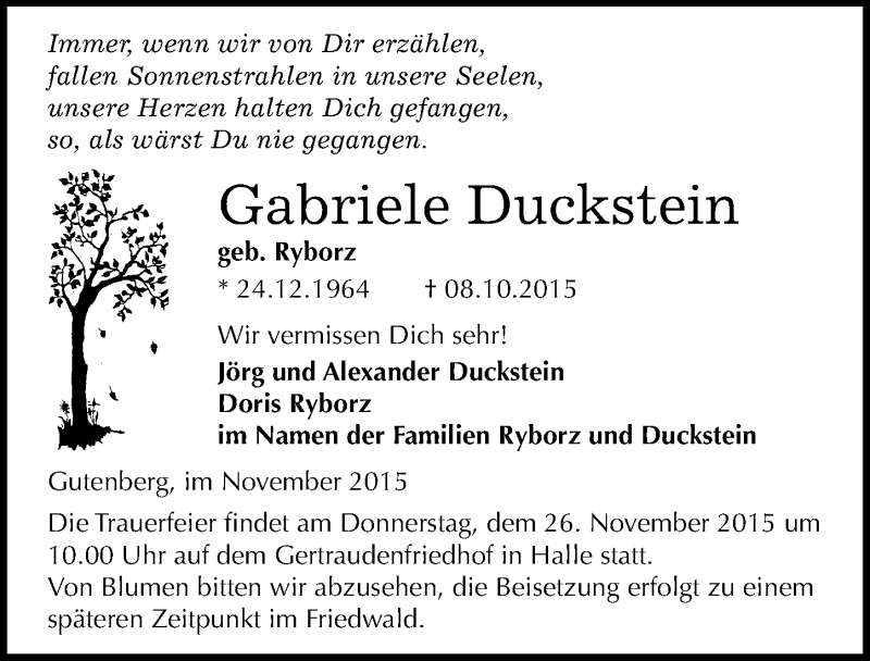  Traueranzeige für Gabriele Duckstein vom 19.11.2015 aus Mitteldeutsche Zeitung Halle/Saalkreis