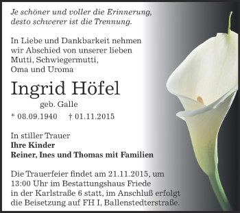 Traueranzeige von Ingrid Höfel von WVG - Wochenspiegel Dessau / Köthen