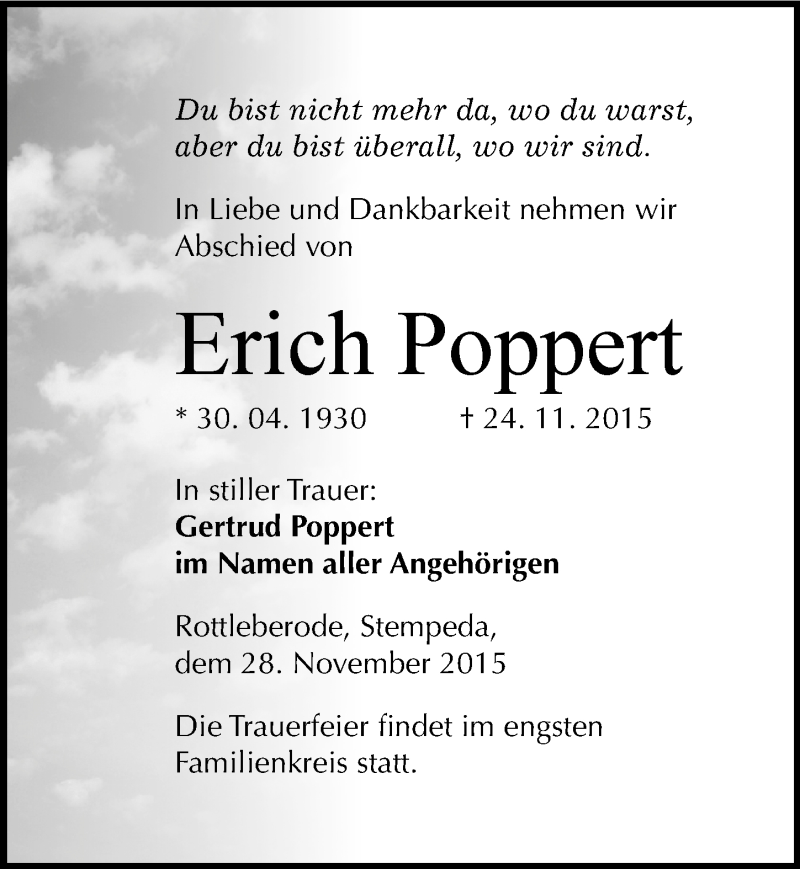  Traueranzeige für Erich Poppert vom 28.11.2015 aus Mitteldeutsche Zeitung Sangerhausen