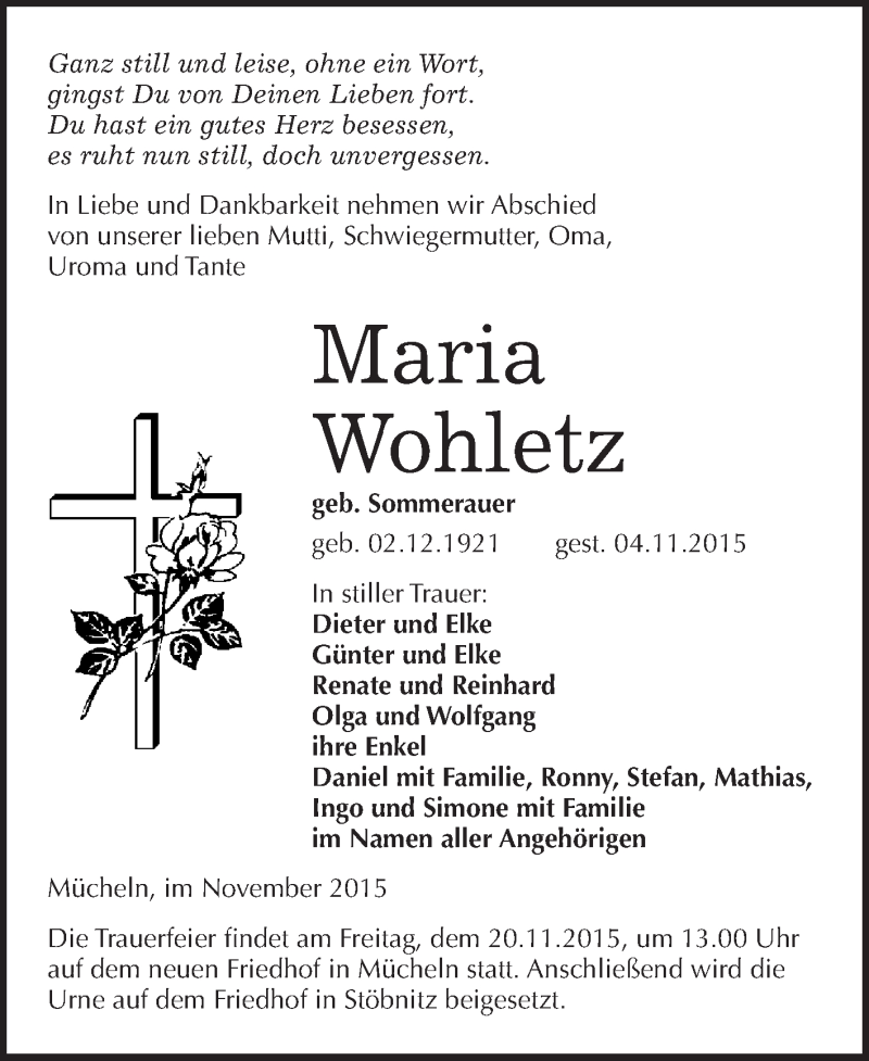  Traueranzeige für Maria Wohletz vom 14.11.2015 aus WVG - Wochenspiegel Merseburg