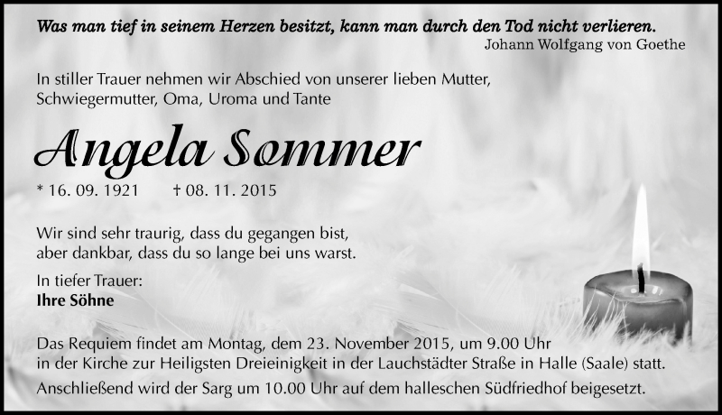  Traueranzeige für Angela Sommer vom 18.11.2015 aus Mitteldeutsche Zeitung Halle/Saalkreis