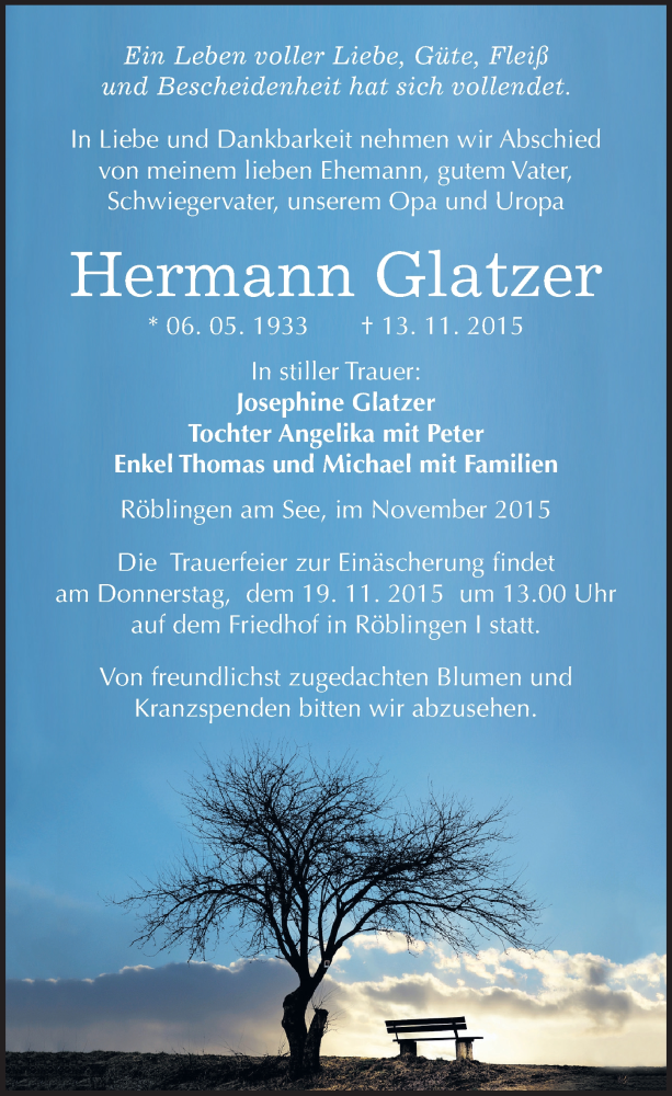  Traueranzeige für Hermann Glatzer vom 17.11.2015 aus Mitteldeutsche Zeitung Mansfelder Land