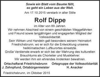 Traueranzeige von Rolf Dippe von WVG - Wochenspiegel Quedlinburg