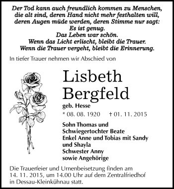 Traueranzeige von Lisbeth Bergfeld von Mitteldeutsche Zeitung Dessau-Roßlau