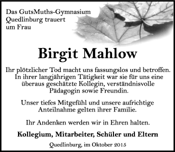 Traueranzeige von Birgit Mahlow von Mitteldeutsche Zeitung Quedlinburg