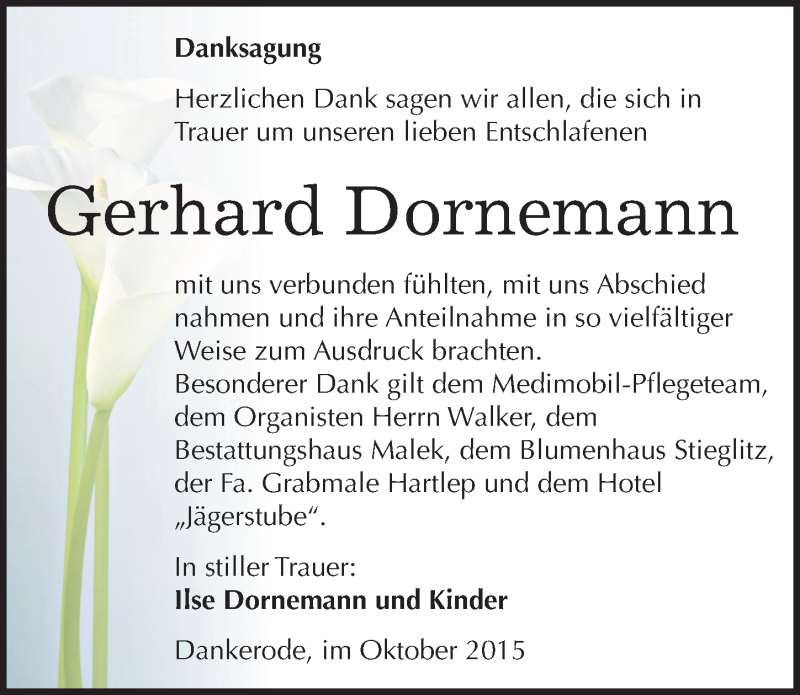  Traueranzeige für Gerhard Dornemann vom 07.11.2015 aus Mitteldeutsche Zeitung Quedlinburg