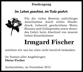 Traueranzeige von Irmgard Fischer von Mitteldeutsche Zeitung Aschersleben