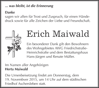 Traueranzeige von Erich Maiwald von Super Sonntag Aschersleben