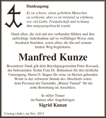 Traueranzeige von Manfred Kunze von WVG - Wochenspiegel Dessau / Köthen