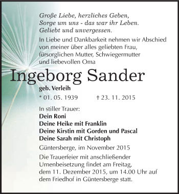 Traueranzeige von Ingeborg Sander von Mitteldeutsche Zeitung Quedlinburg