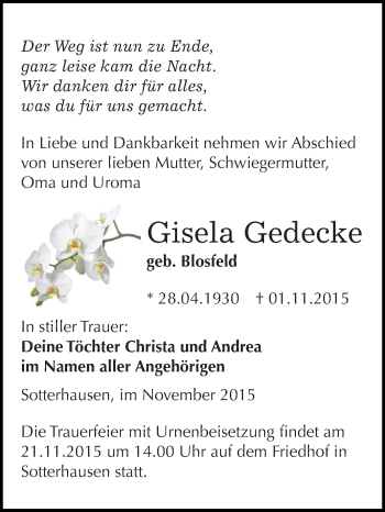 Traueranzeige von Gisela Gedecke von WVG - Wochenspiegel SGH