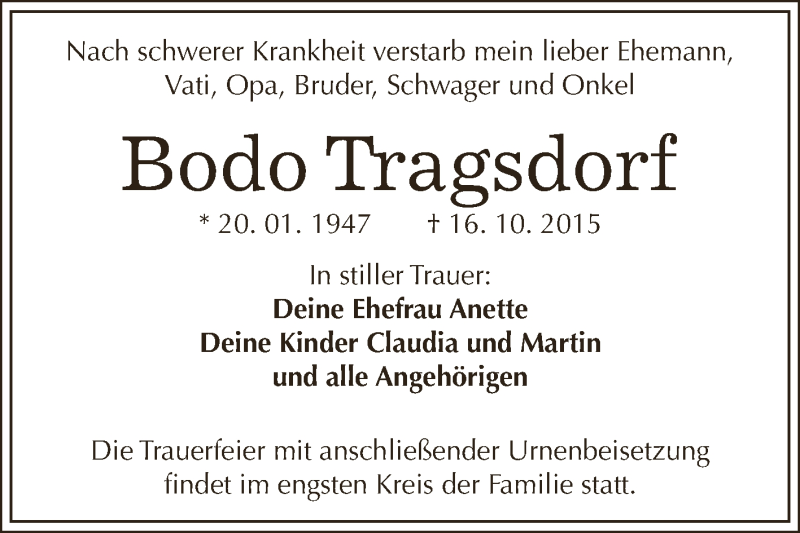  Traueranzeige für Bodo Tragsdorf vom 07.11.2015 aus WVG - Wochenspiegel Dessau / Köthen