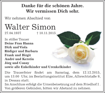 Traueranzeige von Walter Simon von WVG - Wochenspiegel Dessau / Köthen