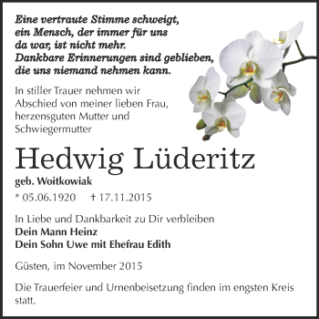 Traueranzeige von Hedwig Lüderitz von Super Sonntag Bernburg