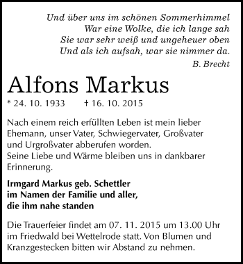 Traueranzeige von Alfons Markus von Mitteldeutsche Zeitung Sangerhausen