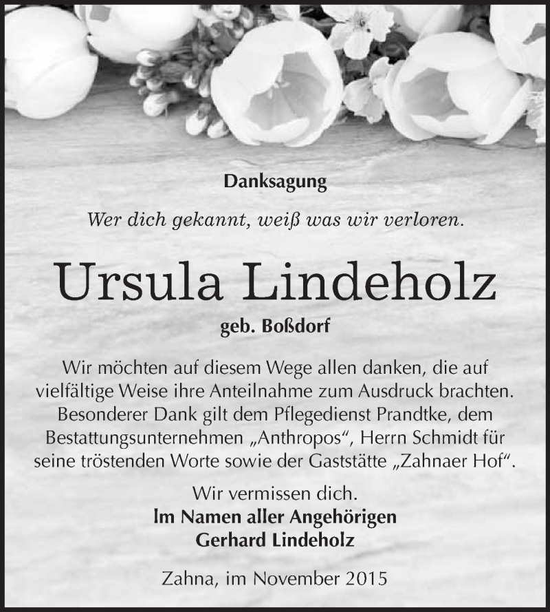  Traueranzeige für Ursula Lindeholz vom 28.11.2015 aus Super Sonntag Wittenberg