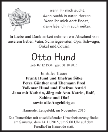 Traueranzeige von Otto Hund von Super Sonntag SGH Mansf. Land