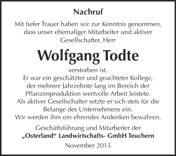 Traueranzeige von Wolfgang Todte von WVG - Wochenspiegel NMB / WSF / ZTZ