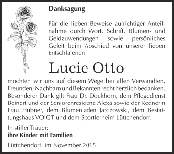 Traueranzeige von Lucie Otto von Super Sonntag SGH Mansf. Land
