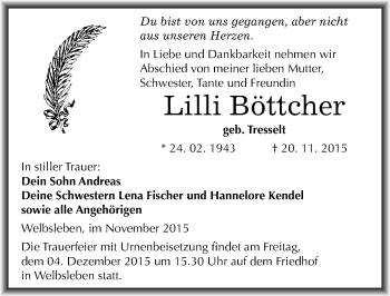 Traueranzeige von Lilli Böttcher von Mitteldeutsche Zeitung Mansfelder Land