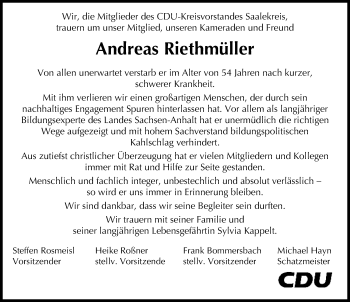 Traueranzeige von Andreas Riethmüller von Mitteldeutsche Zeitung