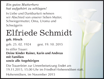 Traueranzeige von Elfriede Schmidt von Mitteldeutsche Zeitung Weißenfels