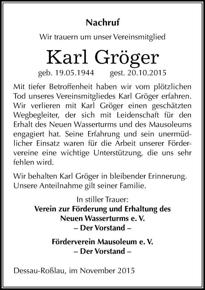  Traueranzeige für Karl Gröger vom 02.11.2015 aus Mitteldeutsche Zeitung Dessau-Roßlau