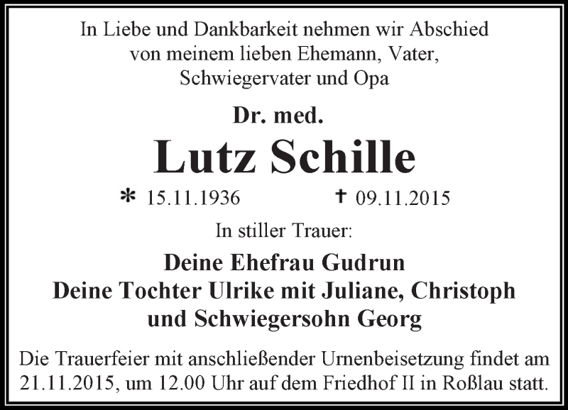  Traueranzeige für Lutz Schille vom 14.11.2015 aus WVG - Wochenspiegel Dessau / Köthen
