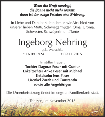 Traueranzeige von Ingeborg Nehring von Super Sonntag Zeitz