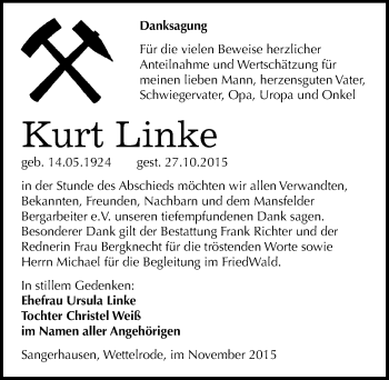 Traueranzeige von Kurt Linke von Mitteldeutsche Zeitung Sangerhausen